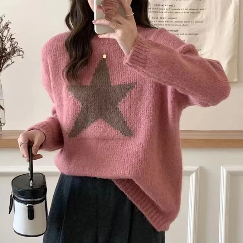 

2026 Soft Cozy Round Ne Knitted Sweater Women's Loose Fit Autumn Winter Lazy College Star Pattern Knitwear Tops