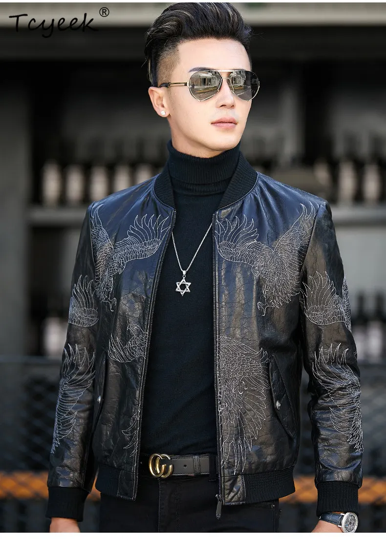 Tcyeek Real Leather Jacket Men Motorcycle Jackets Spring Autumn Clothes Trendy Soft Cowhide Mens Coats Embroidery Slim Fit