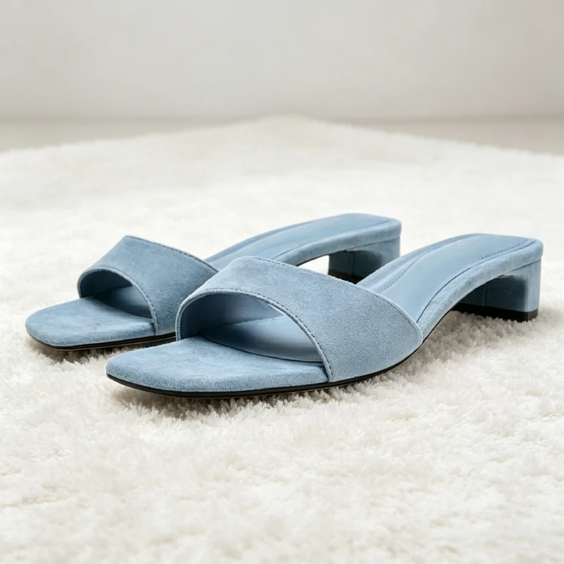 

High-quality Blue Faux Suede Mule Sandals for Women Concise Square-toe Front-strap Slide Sandals Sexy Open-toe Designer Shoes