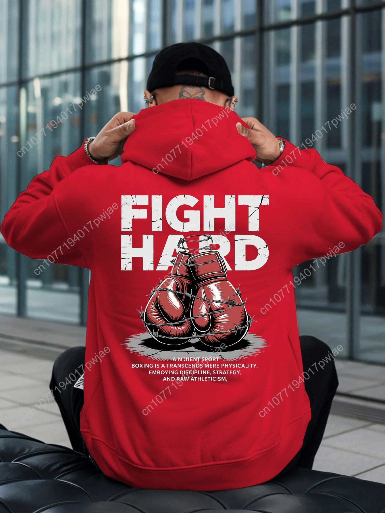 Moletom com capuz de boxe vermelho masculino – gráfico "FIGHT HARD" com design de luvas, macio e confortável, perfeito para esportes ao ar livre de inverno e casua