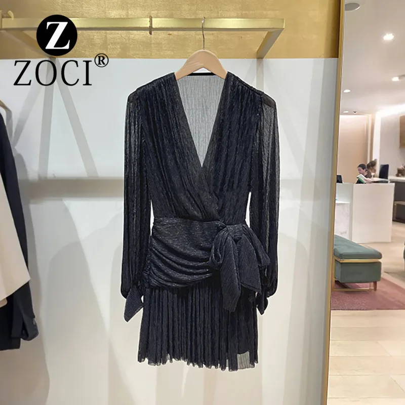 [ZOCI] French Style Niche 2024 Autumn And Winter V-neck Shiny Silk Cinched Waist Bow Elegant Lantern Sleeve Dress Short Skirt