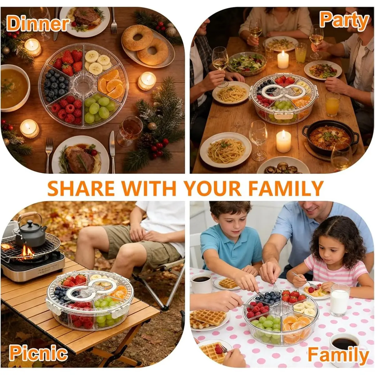 Rotating Divided Serving Tray with Lid & Handle, 6 Compartment Snack Box Container,for Kitchen, Party, Travel, Picnic