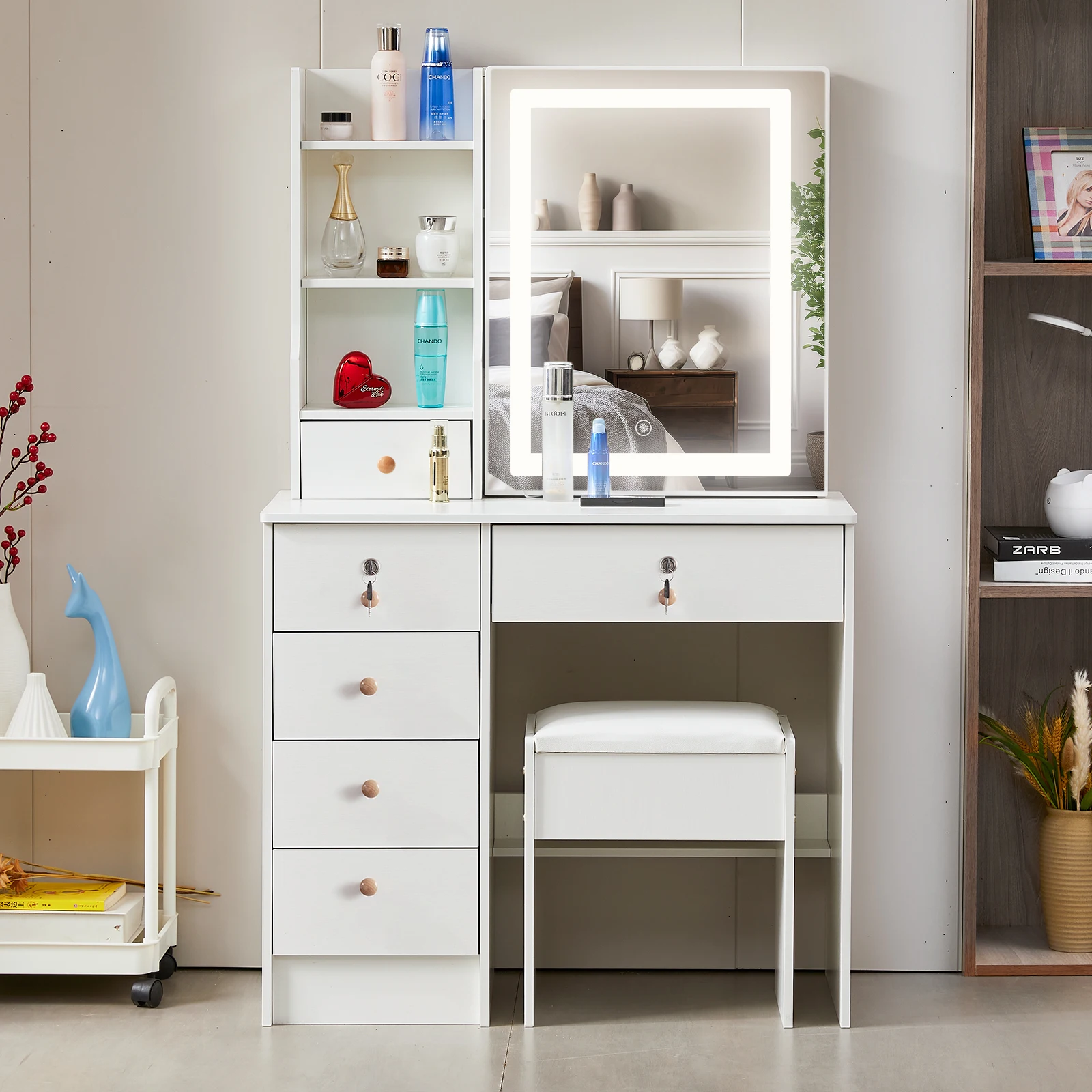 مرآة طاولة الغرور مع أضواء البراز مجموعة ماكياج مكتب منظم مضمد مخزون المملكة المتحدة #2