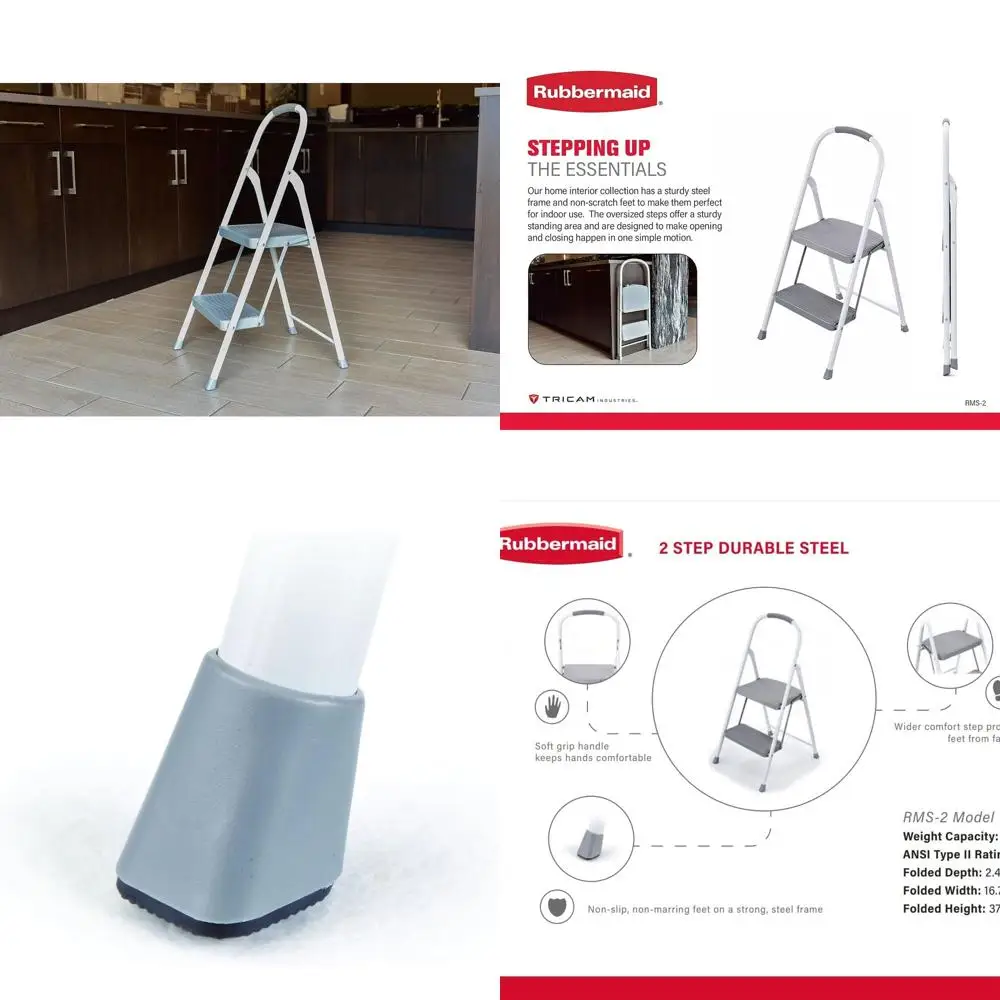 

White 2-Step Steel Ladder with Handrail, ANSI Type 2, 225 lbs Capacity