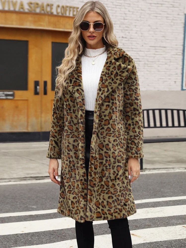 Winter Women\'s Warm Faux Fur Long Coat Leopard Leisure Women Shaggy Fur Long Jackets Thick Fluffy Luxury Bontjas Outerwear 2023