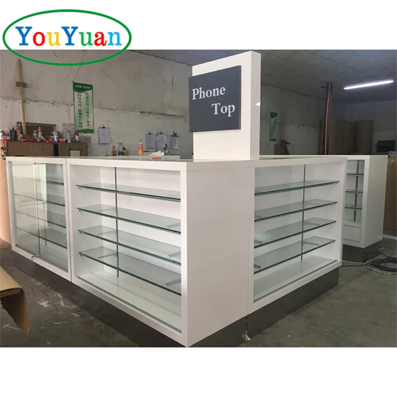 (Customized) customized slatwall display cabinet tempered glass LED Lighting Showcase Mall 3D cell phone kiosk store