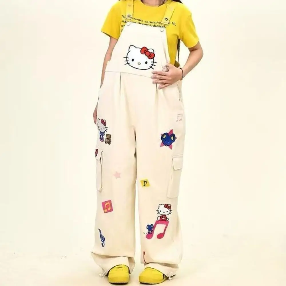

Большой размер, комбинезоны Hello Kitty, джинсы на бретелях Sanrio, милые популярные студенческие возрастные комбинезоны для девочек для женщин, повседневные длинные брюки