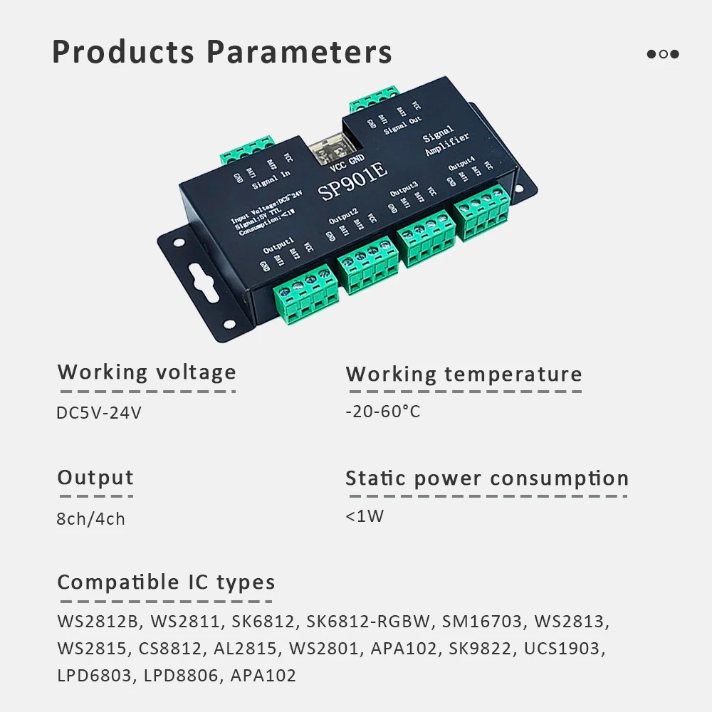 SP901E SPI Signal Amplifier Repeater 4CH DC5-24V for WS2812B WS2811 WS2813 Addressable Dream LED RGB Magic Strip Pixel Light