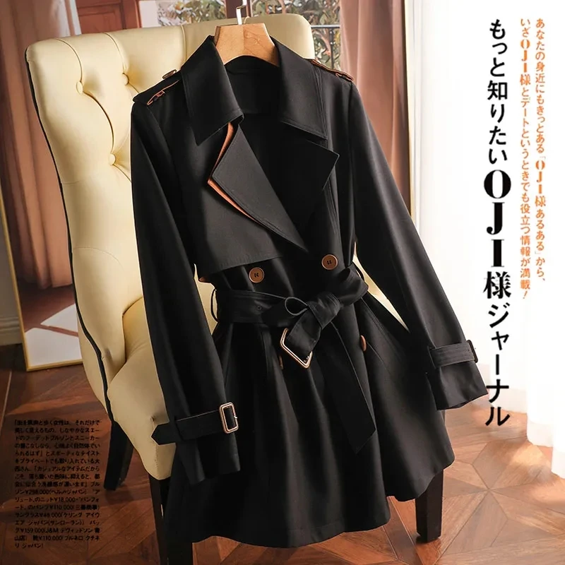 

New Long Trench Coats Women Autumn 2023 Elegant Fashion Windbreaker Jackets Double-Breasted Belt Waterproof Black Outwear Female