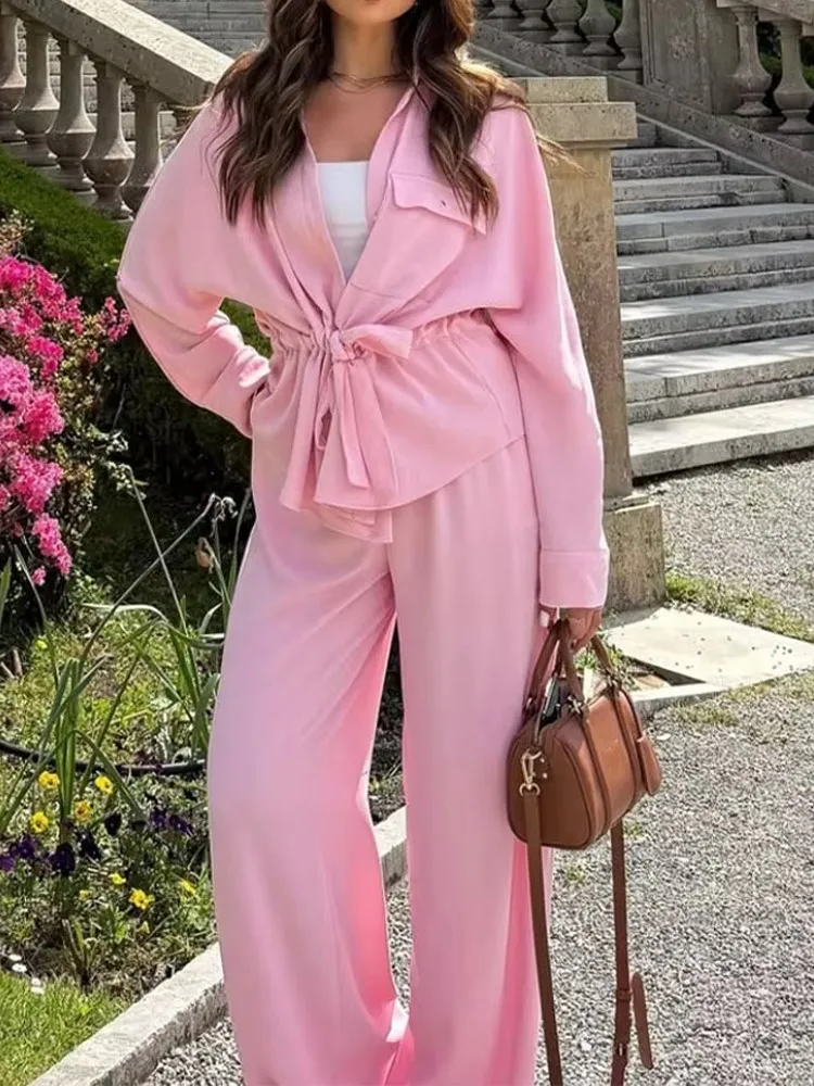 

Повседневный комплект брюк для женщин, новинка 2023 года, летняя рубашка с отложным воротником на талии и шнуровкой + широкие брюки с эластичной резинкой на талии, офисный однотонный комплект из 2 предметов