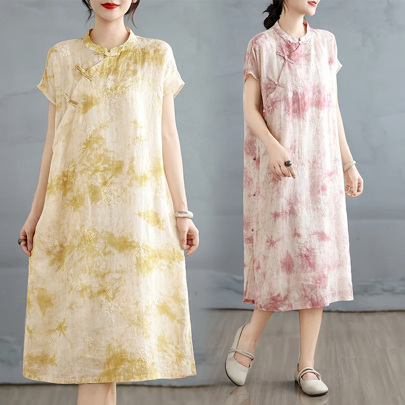 

Летний хлопок и лен Moon Sve с принтом Dr Tied Dye Effect Асимметричный разрез для поездок на работу Свободный крой Повседневный Dr