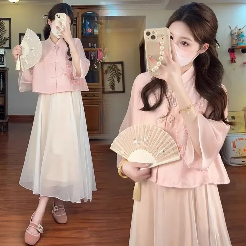 

Pregnant Summer Fashion Set New Chinese Retro Ancient Hanfu 2-piece Set Maternity Long Sleeve Breathable Top Dress Suit LH026