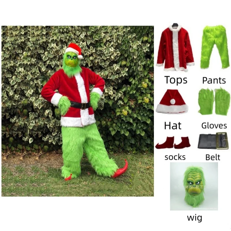 

Santa Claus Costume Set Christmas Party Prom Adult Role Playing Green Monster Shaggy Halloween Cosplay Suit Gloves Mask