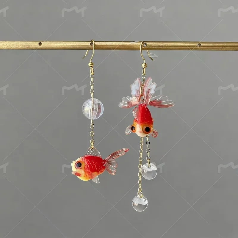 Goldfish and Bubble Dangle Earrings - Red goldfish earrings - Unique Dangle