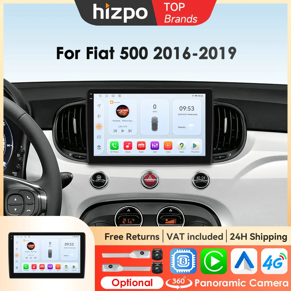 Hizpo 9 "CarPlay Wireless per Apple Android Auto Radio Per Fiat 500 2016-2019 Schermo Multimediale Stereo GPS Bluetooth 360 fotocamera