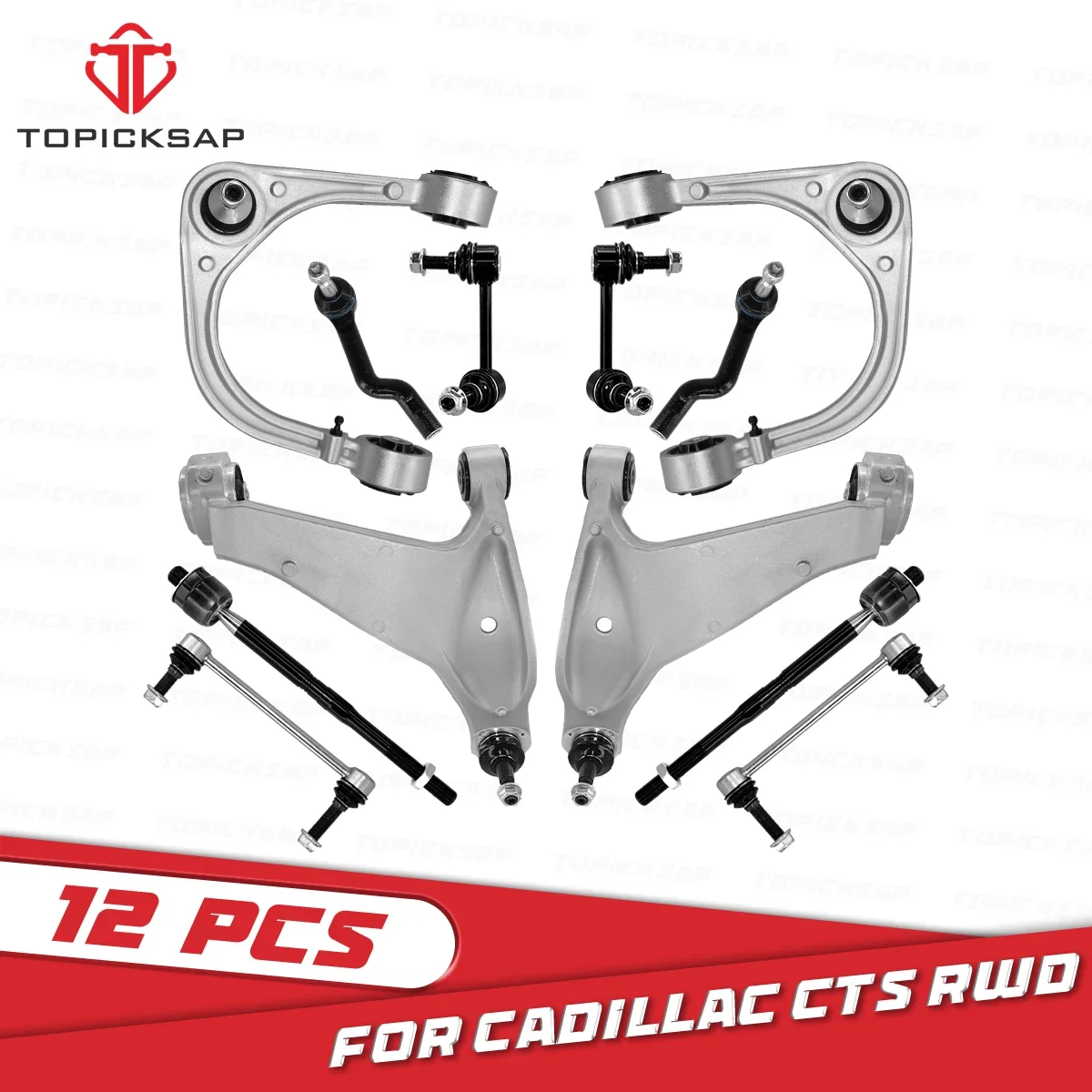 TOPICKSAP 12Pcs Front Upper Lower Control Arm Tie Rod Ends Sway Bar Links Assembly Kit for Cadillac CTS 2008-2011 2012 2013 2014