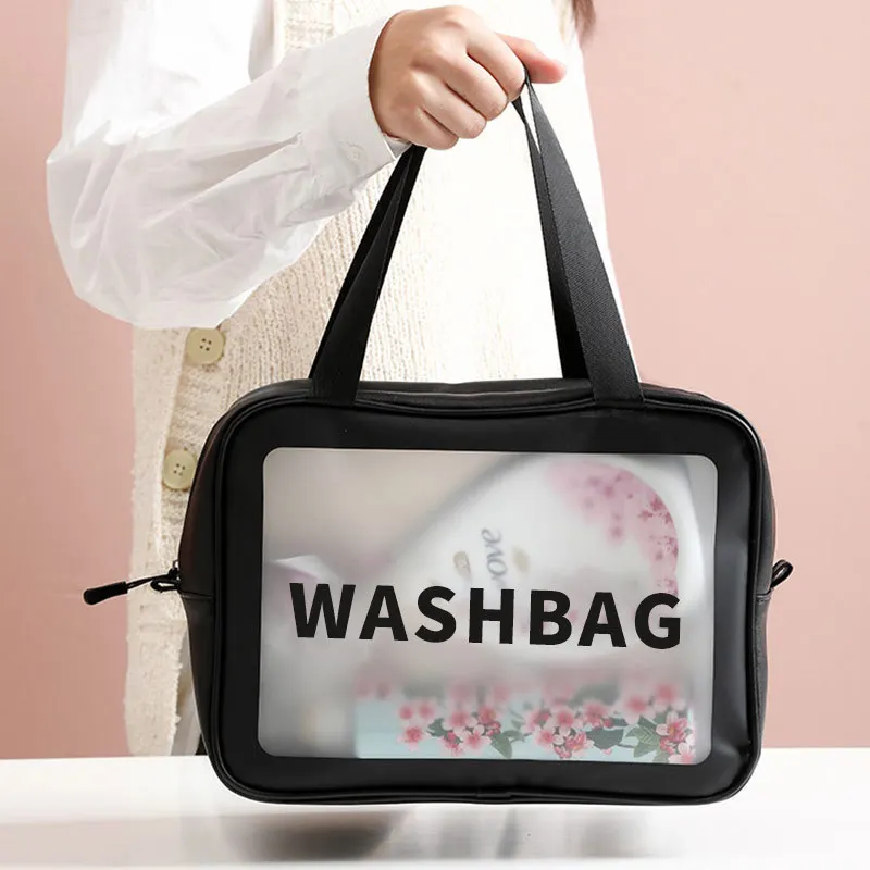 New Transparent PU Makeup Bag with Large Capacity Waterproof Bath Bag, Semi transparent Frosted Wash Storage Bag Customization