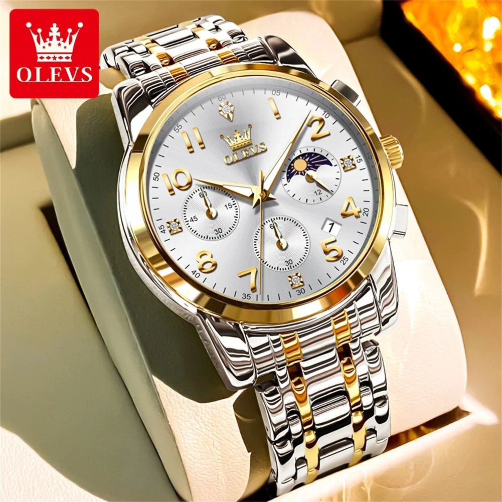 OLEVS ساعة رياضية فاخرة للرجال كوارتز مقاوم للماء تاريخ مضيء كرونوغراف ساعات رجالية من الفولاذ المقاوم للصدأ ساعة رجالية على مدار الساعة #3