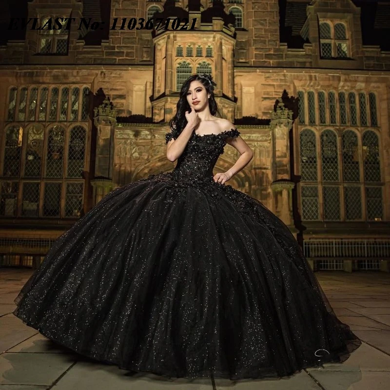 EVLAST Customized Black Quinceanera Dress Ball Gown Shiny Lace Applique Beading Corset Sweet 16 Vestidos De XV 15 Anos SQ34