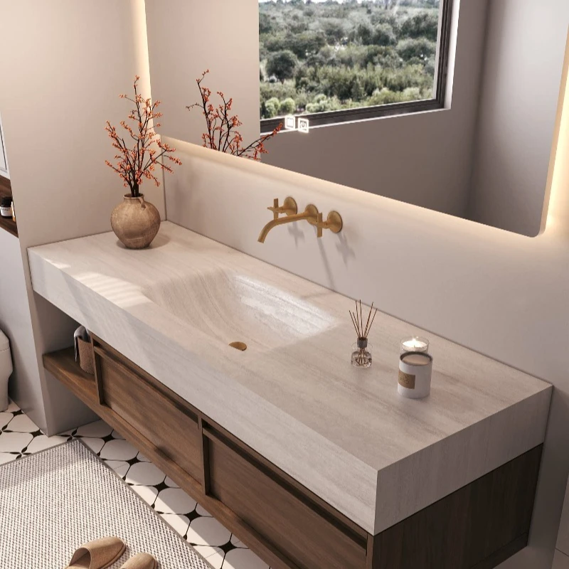 

Medieval travertine rock slab hot bending seamless integrated basin bathroom cabinet