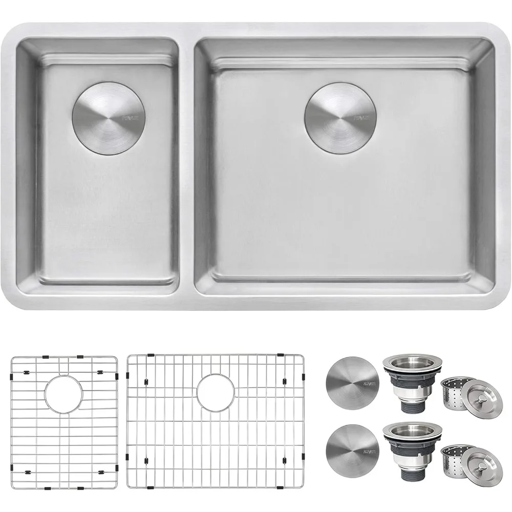 

32-inch Undermount Kitchen Sink - 30/70 Double Bowl Kitchen sink - 16 Gauge Stainless Steel Kitchen Sinks with Brushed Finish