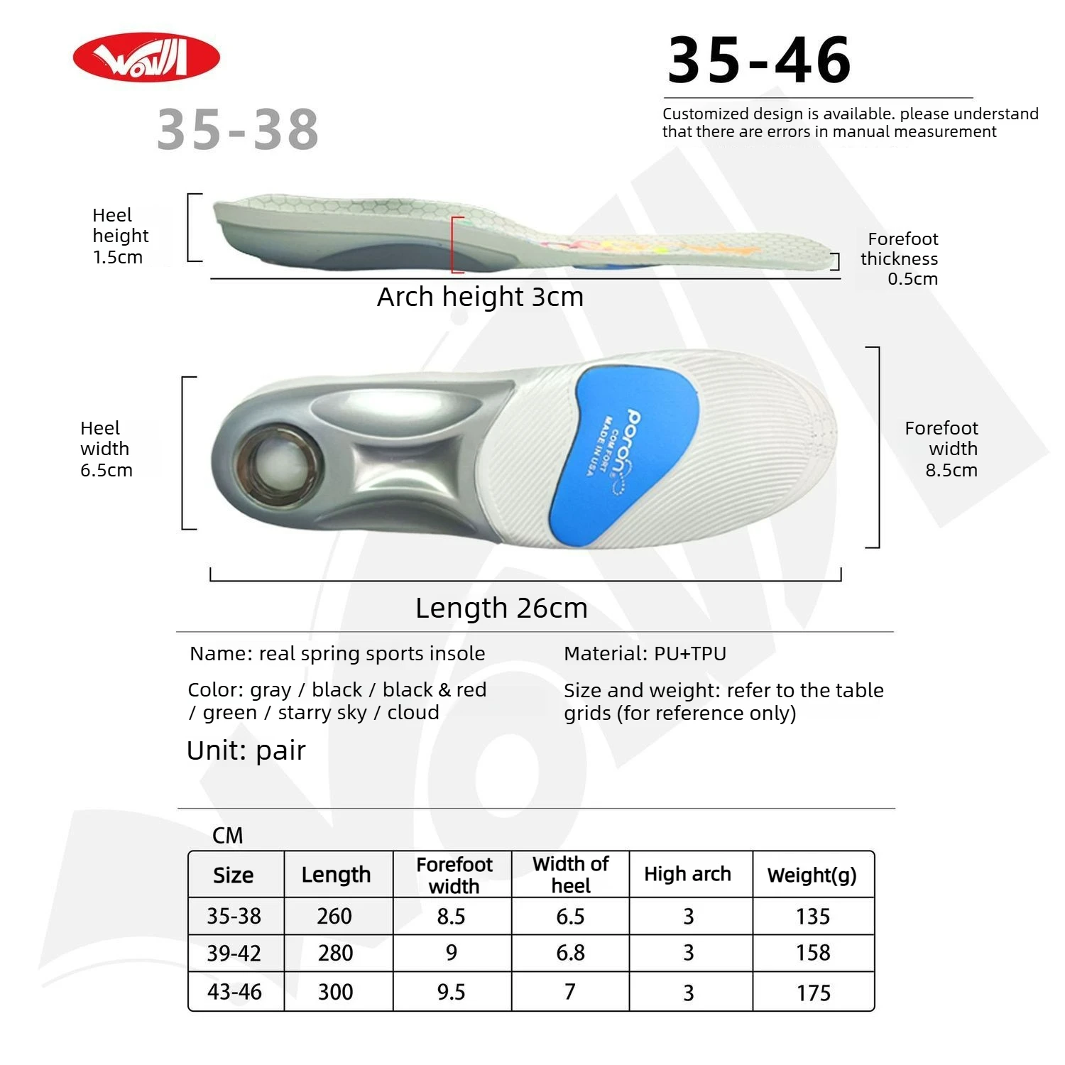 Spring Shock Absorption Sports Insoles with Arch Support, Anti-Twist, Non-Slip, Comfortable for Basketball and Badminton Insoles