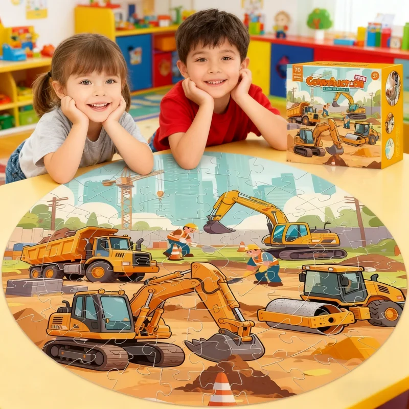 Bodenpuzzles für Kinder, 70-teiliges Baustellen-Puzzle mit Bagger, Bulldozer, Gabelstapler, Kipper, Lernspielzeug
