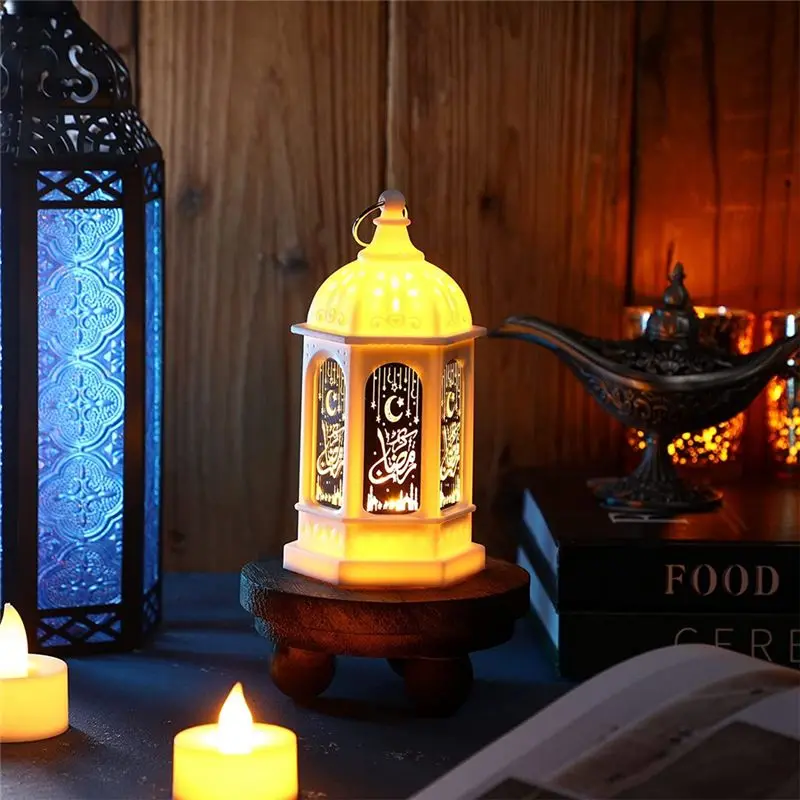 A38M Mini Ramadan Candle Mubarak Lantern LED Eid Mubarak Lantern Moon Star Lights Moroccan Style Hanging Lantern White