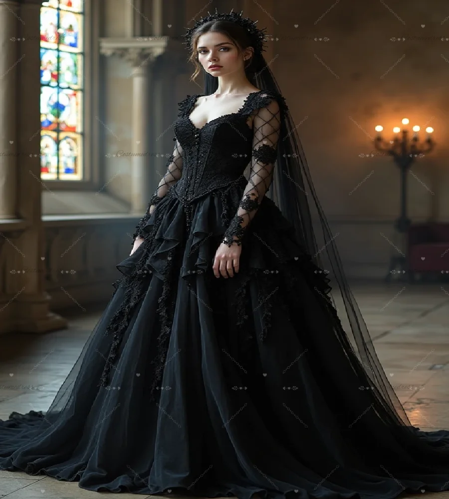 동화 같은 블랙 고딕 웨딩 드레스 2026 긴 소매 로맨틱 마법 같은 신비로운 신부 드레스 레이스 숲속 요정 나라 신부