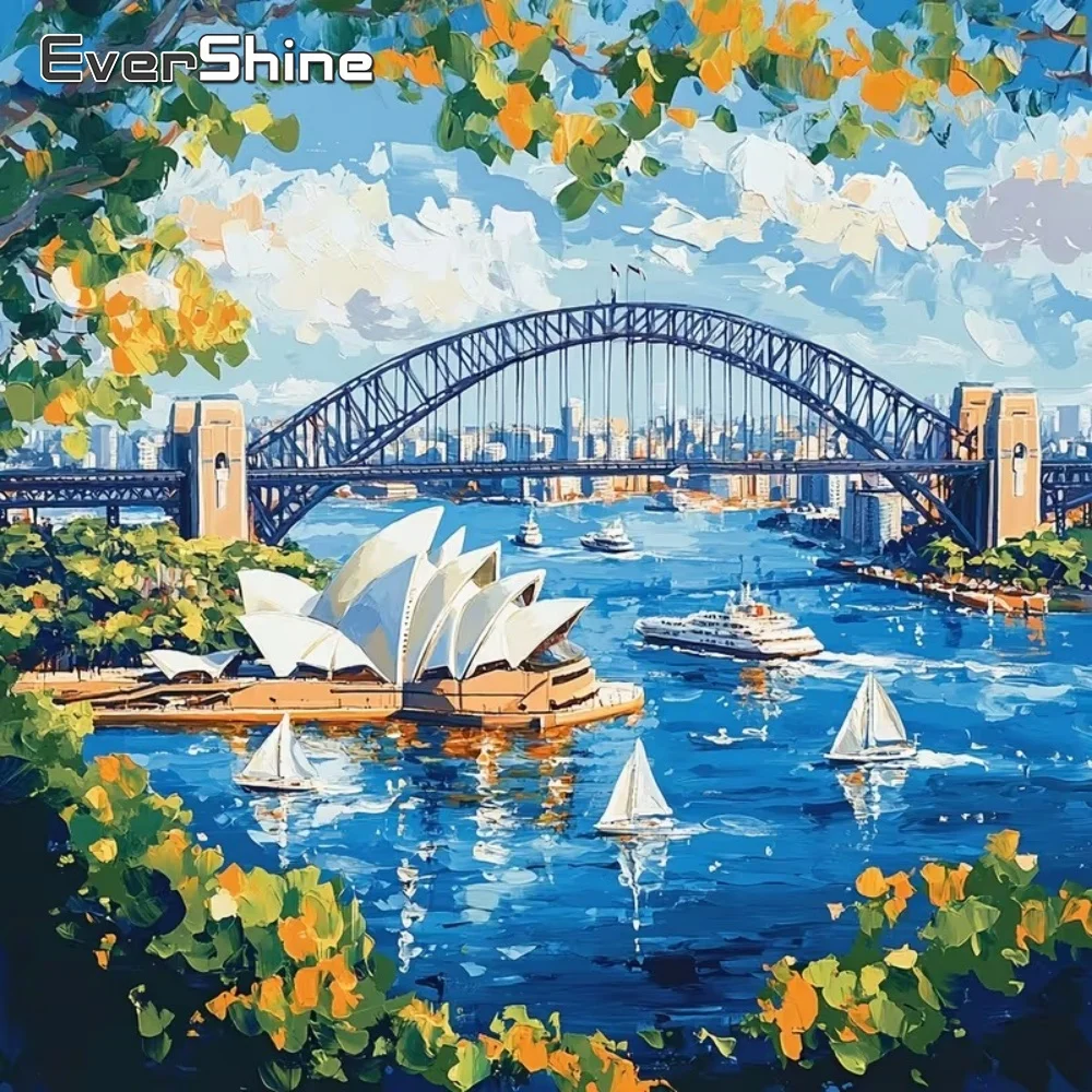 EverShine Diamant-Stickerei Brücken-Landschaft DIY-Gemälde Stadt Vollflächiges Quadratisches Rundes Diamant-Mosaik Bastelset Heimdekoration