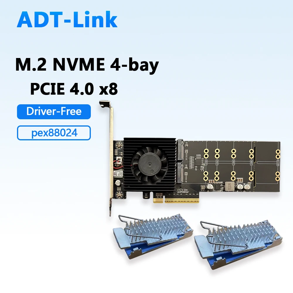 

M.2 NVMe PCIE 4.0 X8 4-Bay Four Disks Expansion Adapter Card 128GT/S Driver-Free Split-Free Broadcom Pex88024 Chip + Heat Sink