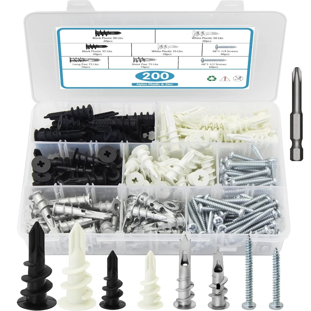 

200pcs Gypsum Board Expansion Screw Plastic Expansion Anchor Self-tapping Screws Ribbed Drywall Wall Anchors Screws Bolt Pipe