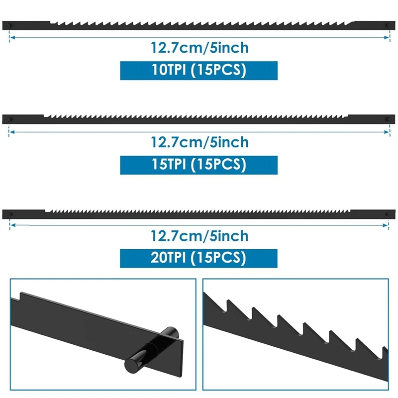 5 인치 스크롤 톱날, 핀 엔드 스크롤 교체, 고탄소강 코핑 톱날, 목재 금속 플라스틱용 내구성, 45 개