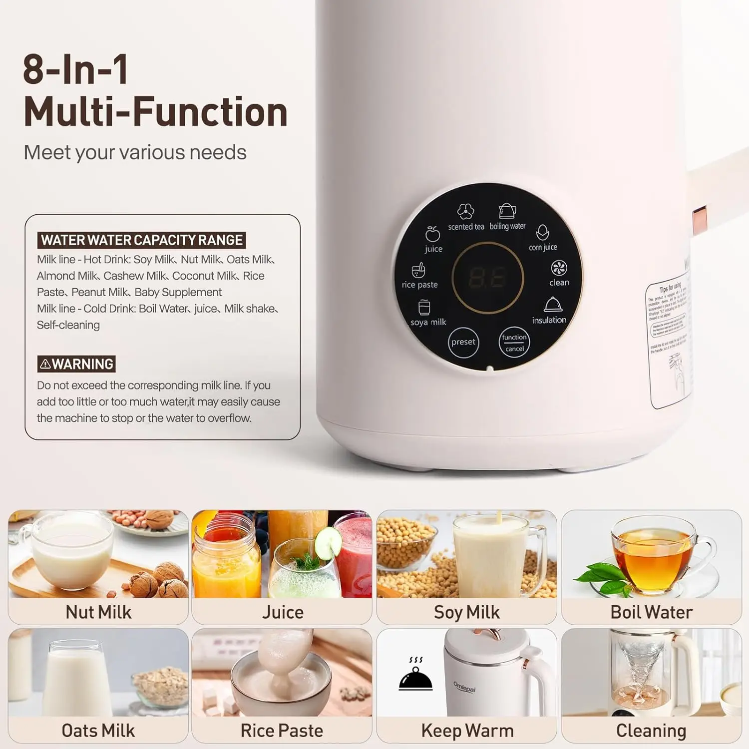 ماكينة صنع حليب الجوز الأوتوماتيكية، 35 أونصة لوز محلي الصنع، الصويا، الشوفان، جوز الهند، الأرز، الحليب النباتي والمشروبات الخالية من الألبان، الصويا