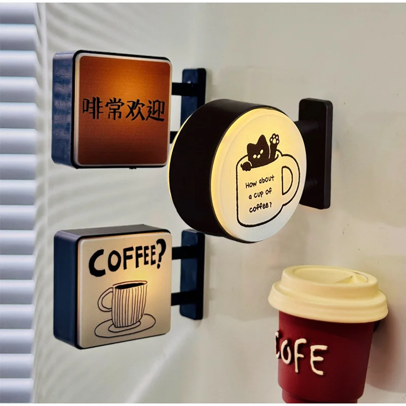 Retro Coffee Cat Corner Refrigerator Magnet Light Fridge Magnet Magnetic Home Miniature Pegboard Coffee Shop Glowing Decoration