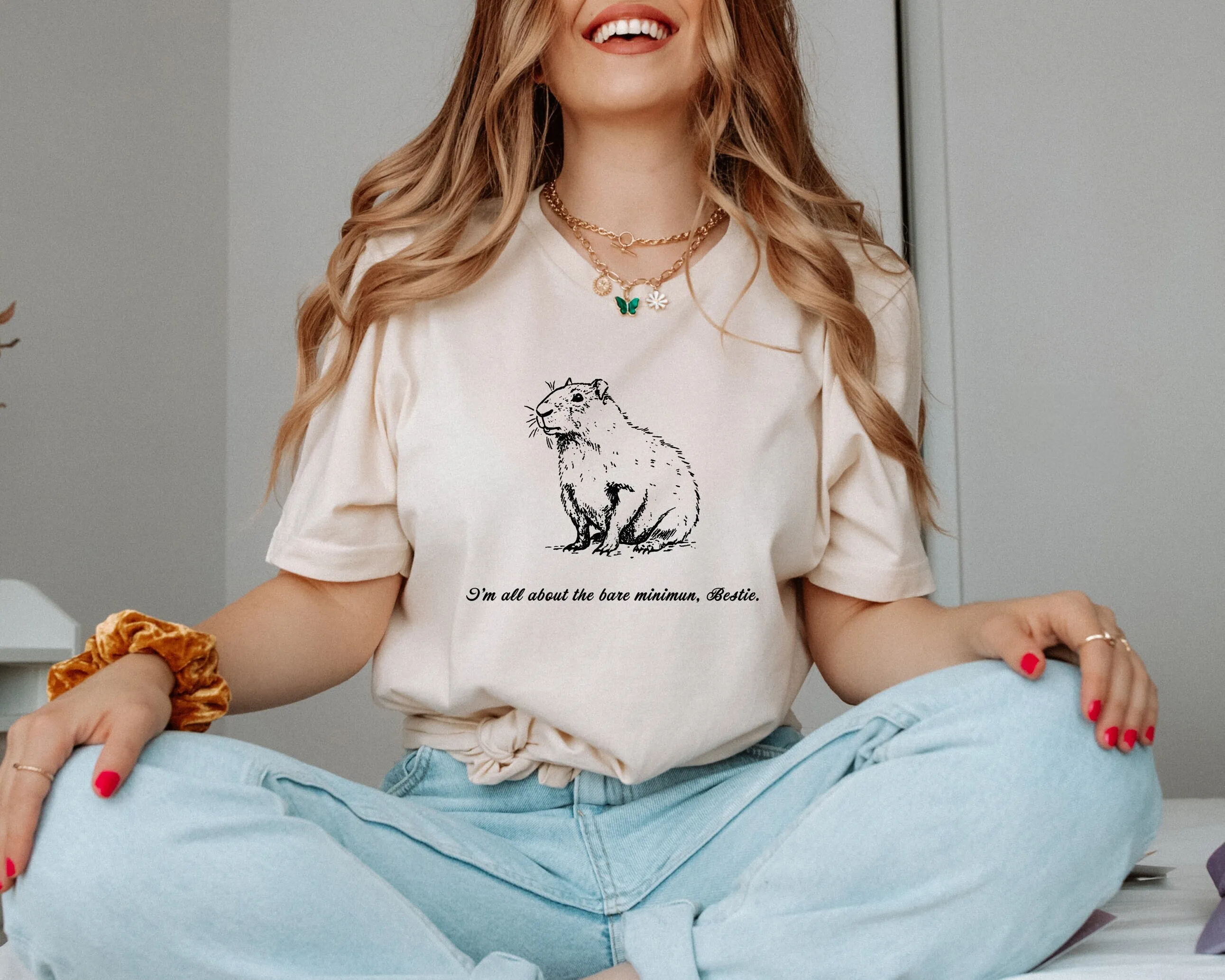 Bare Minimum Capybara Funny Random T Shirt Lazy Girl Meme Weird Rodent For Bestie Vintage Silly Animal