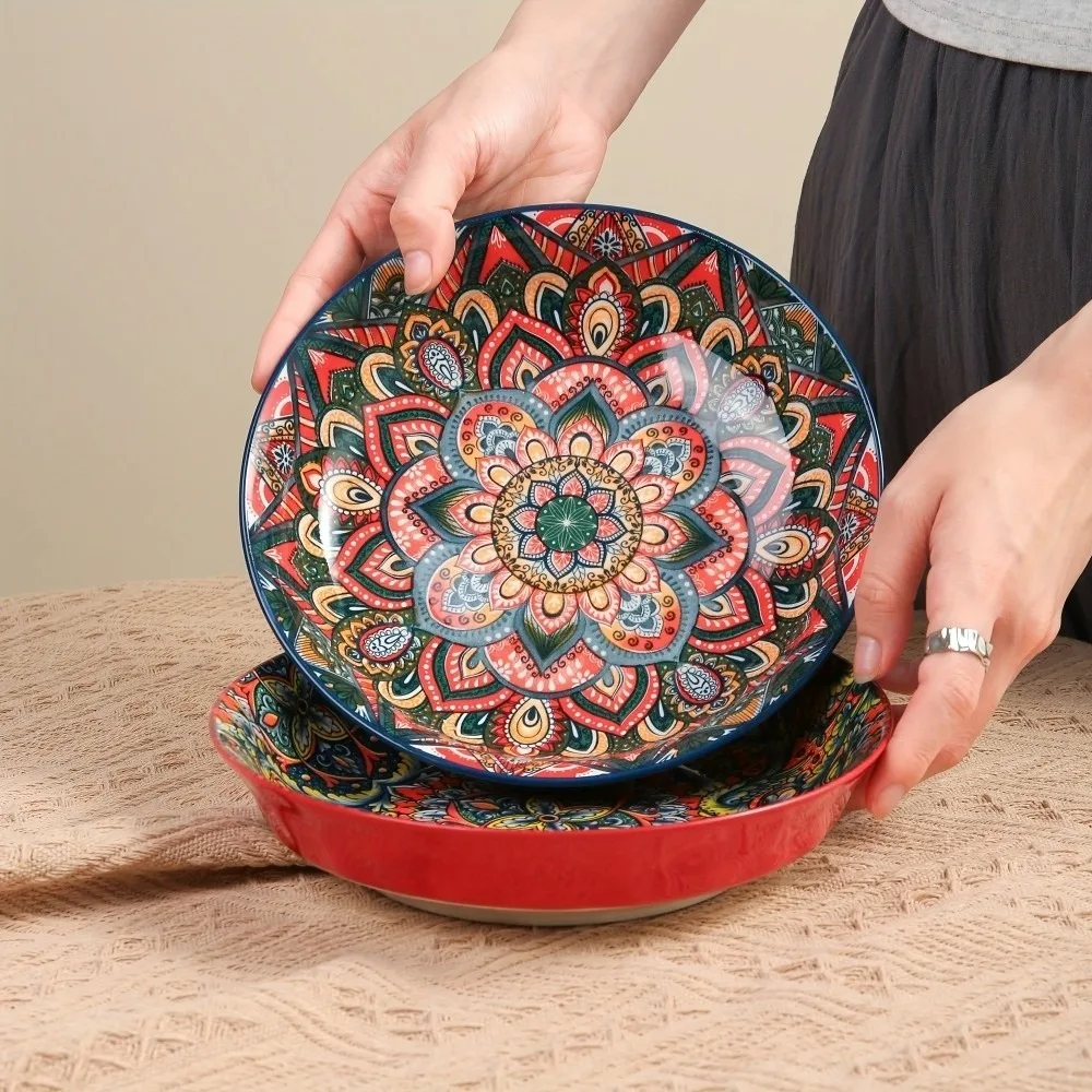 8in Bohemian Ceramic Plate Mandala Round Ceramic Dinner Plate Deep Dish Hand Painted Underglaze Serving Plate Family Gathering