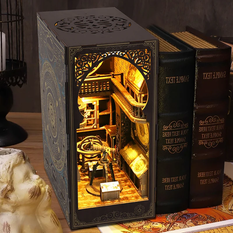 

Wooden Book Nook Kit DIY Miniature Dollhouse Bookshelf Insert with Furniture Handmade 3D Model Creative Home Decor Gift for Adul