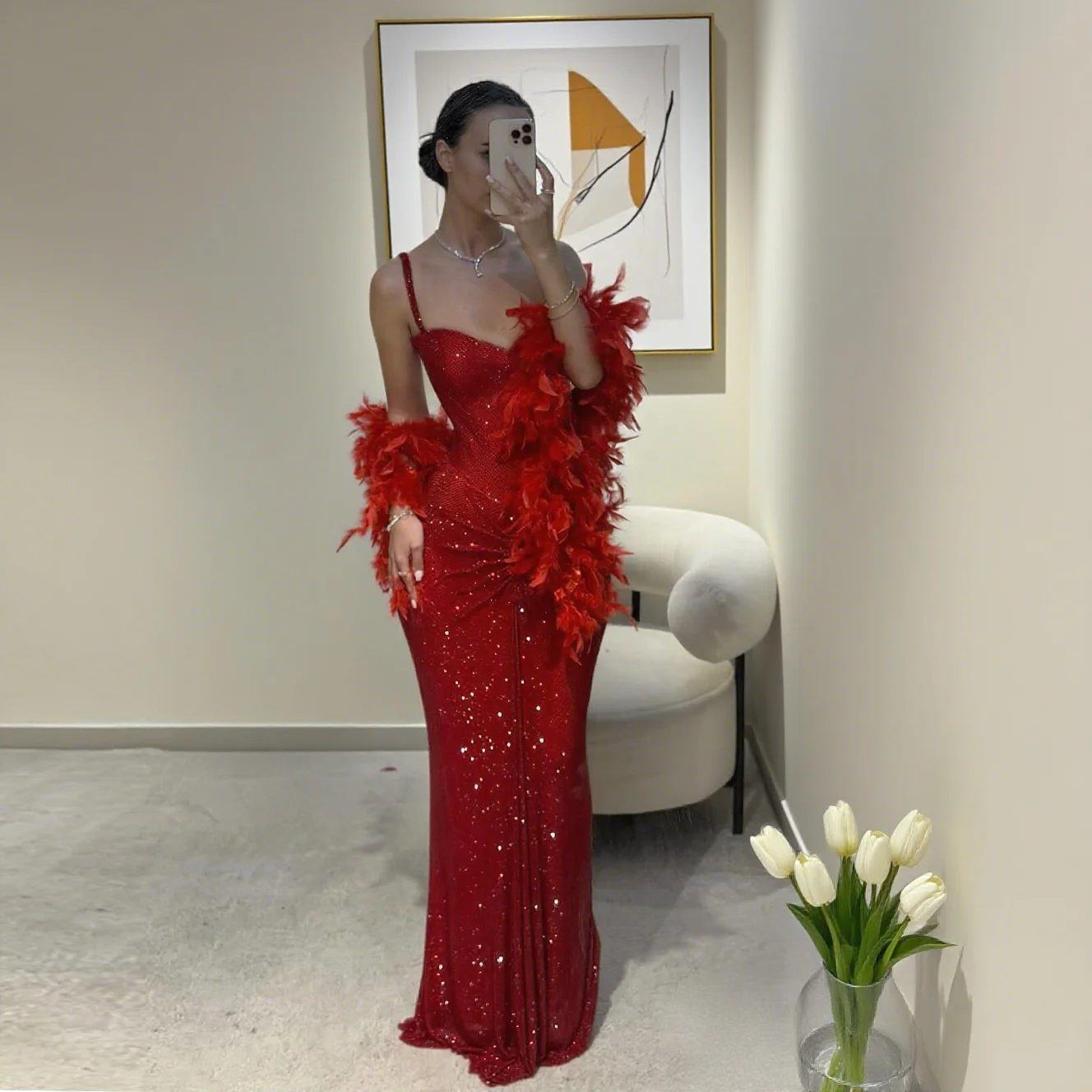 

Sharon Said Bling Burgundy Tulle Mermaid Long Prom Dress Feathers Spaghetti Straps Women Evening Party Gowns SH567 Customized