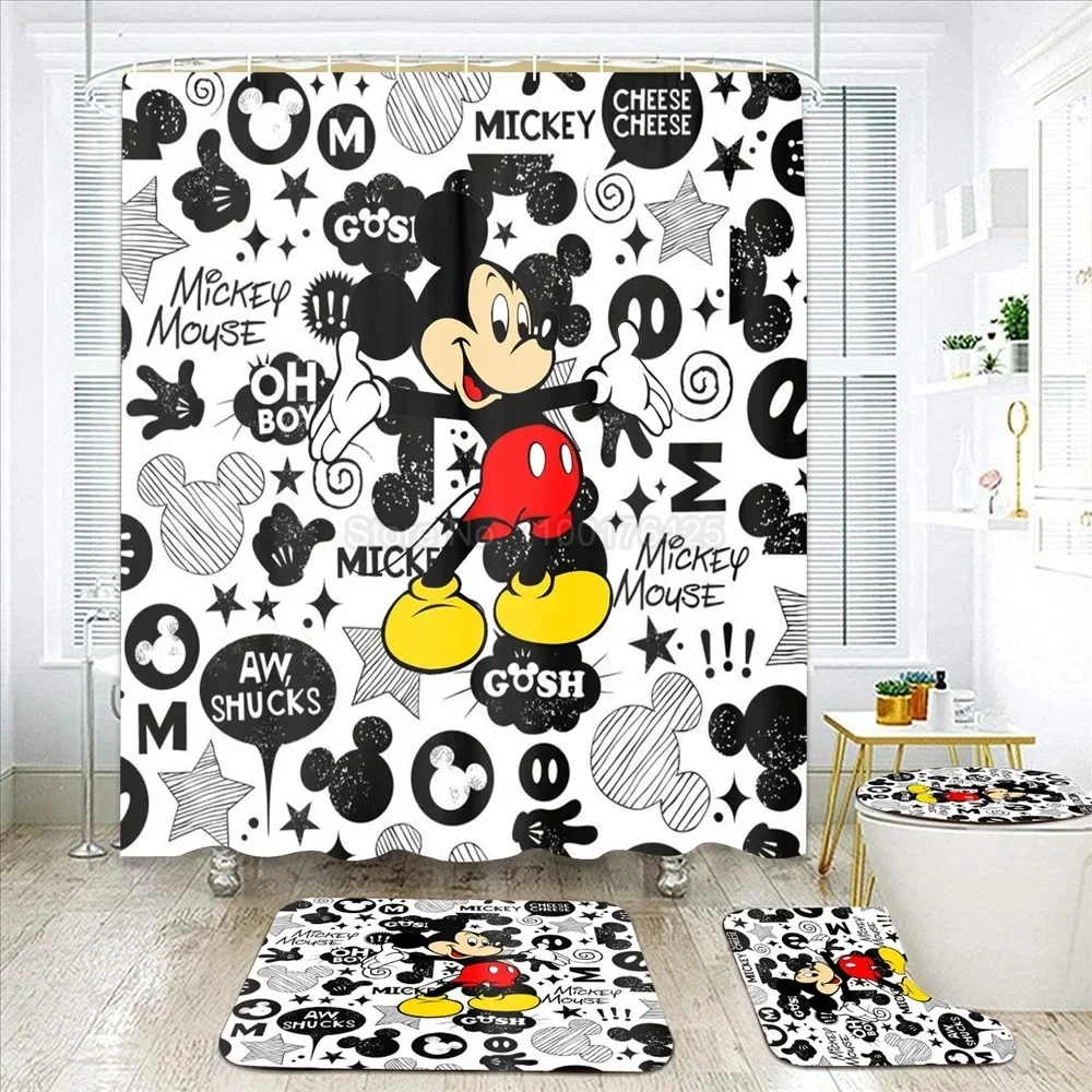 Mickey Mouse Bathroom Non-slip Mat Set Durable Waterproof Shower Curtain Set Pedestal Rug Lid Toilet Cover Bath Mat Rugs