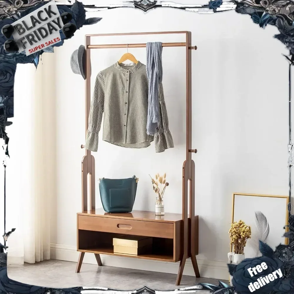 Garment Rack Freestanding Closet Organizers and Storage Drawers with Seat&Hooks, Coat Rack, Open Wardrobe for Entr