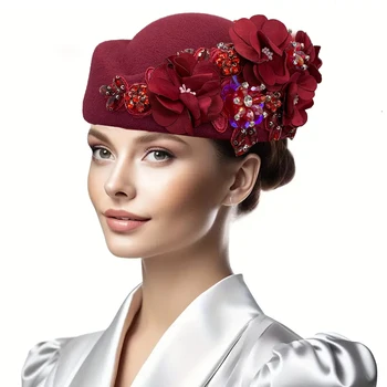 Chapeau d'hôtesse de l'air pour femmes, béret Derby d'église à fleurs en strass pour fête, boîte à pilules en feutre de laine, Costume, casquettes de Cosplay, accessoires