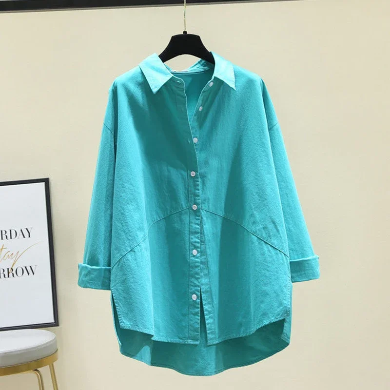 

Spring Female KPOP Fashion Style Cotton Oversized Loose Casual Lapel Buttons Asymmetrical Solid Long Sleeve Shirt Blouse X749