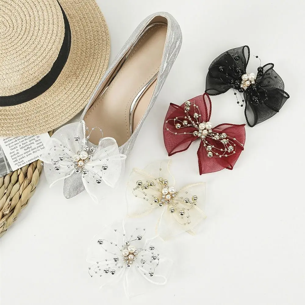 Decoraciones de zapatos de mujer con perlas, diseño de lazo brillante, accesorios de hebilla, bolsos/ropa/zapatos DIY, joyería de flores, 1 ud.