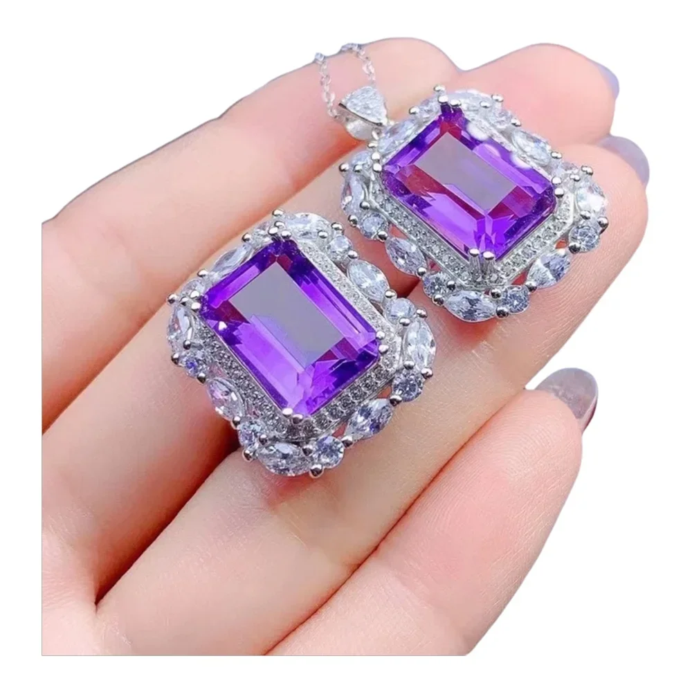 

KJJEAXCMY-925 Sterling Silver Adjustable Ring Set with Gem for Women, Luxury Vintage Rectangle Amethyst Pendant, Fine Jewelry