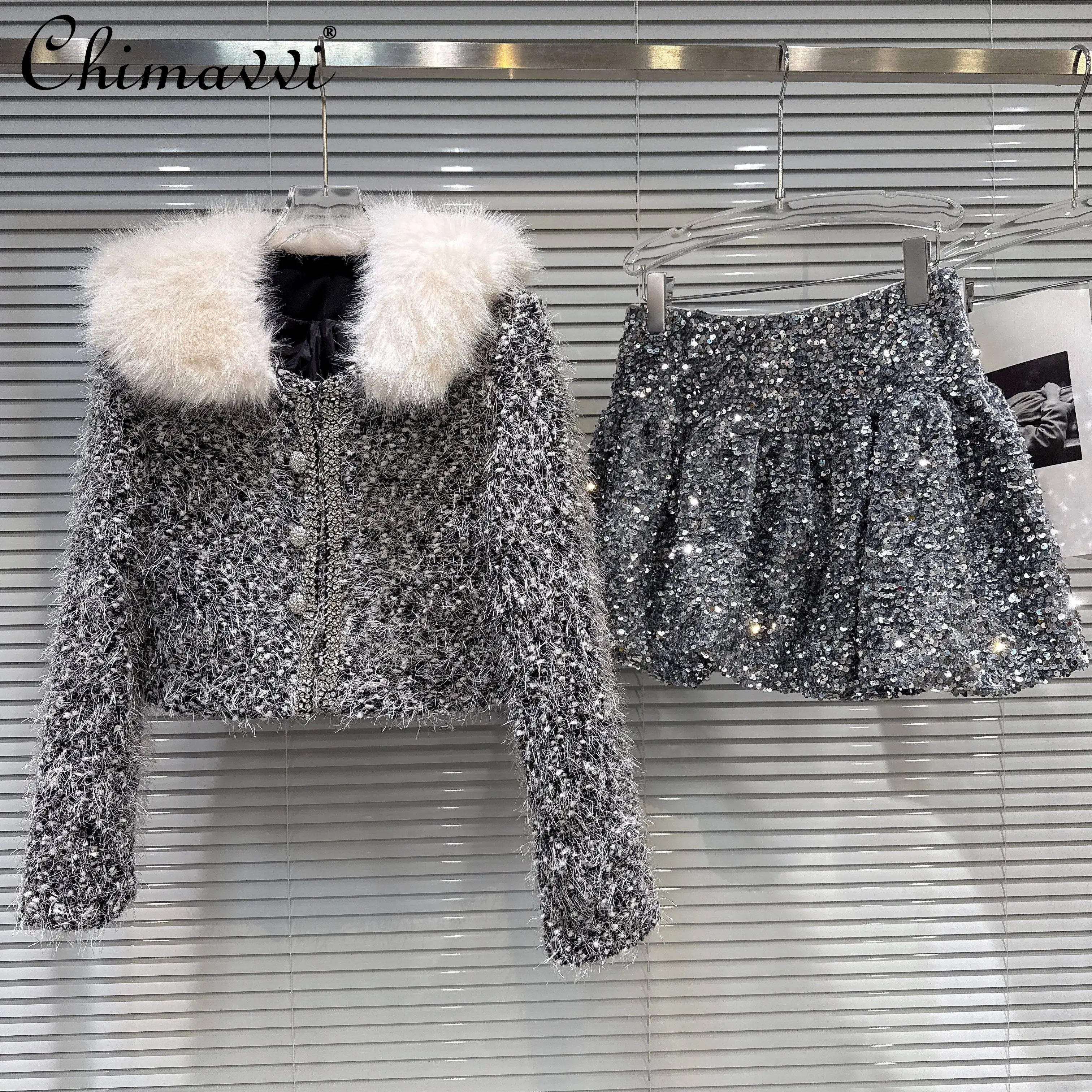Style coréen élégant mode Socialite col en peluche à manches longues vers le bas manteau court paillettes Mini jupe deux pièces ensemble pour les femmes hiver