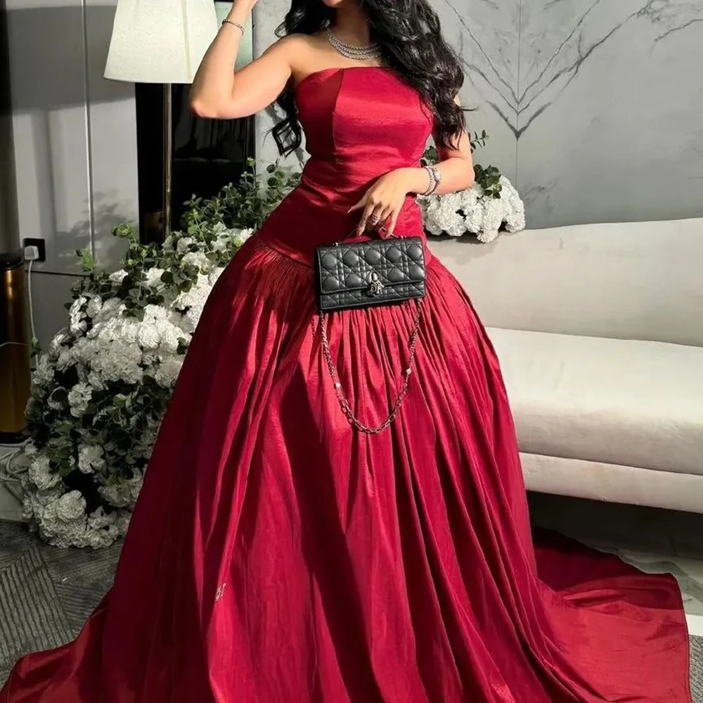 

Customized Exquisite Draped Strapless Floor Length A-Line Evening Dress Temperament Satin Court Train Vestidos Para Mujer