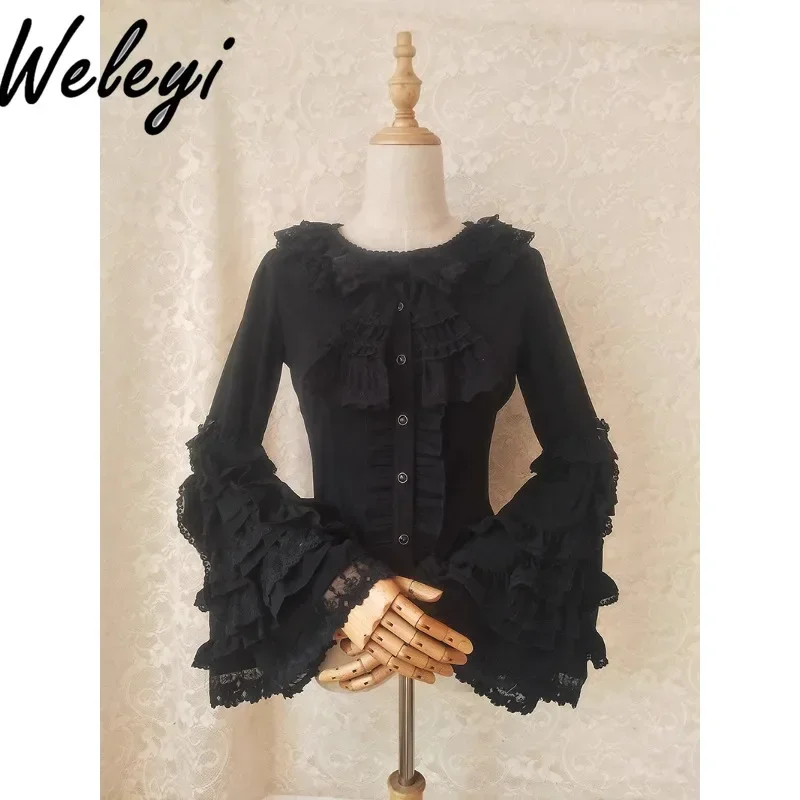 Vintage Jirai Kei Horn Sleeve Black Shirt Women\'s Autumn and Winter New Lolita Lace Gorgeous Big Ji Sleeve Long Sleeve Blouses