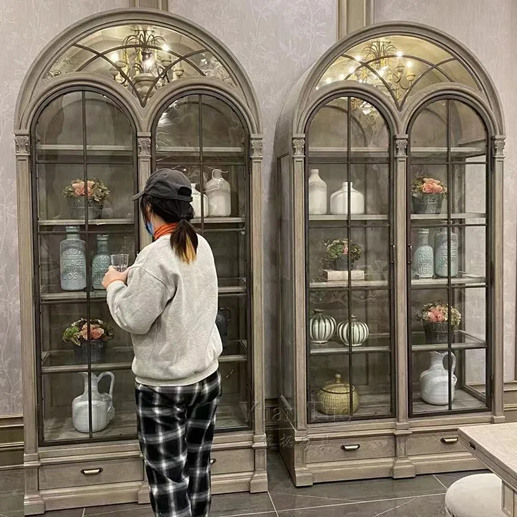 Side cabinet carved display cabinet solid wood antique cabinet architectural revival wine