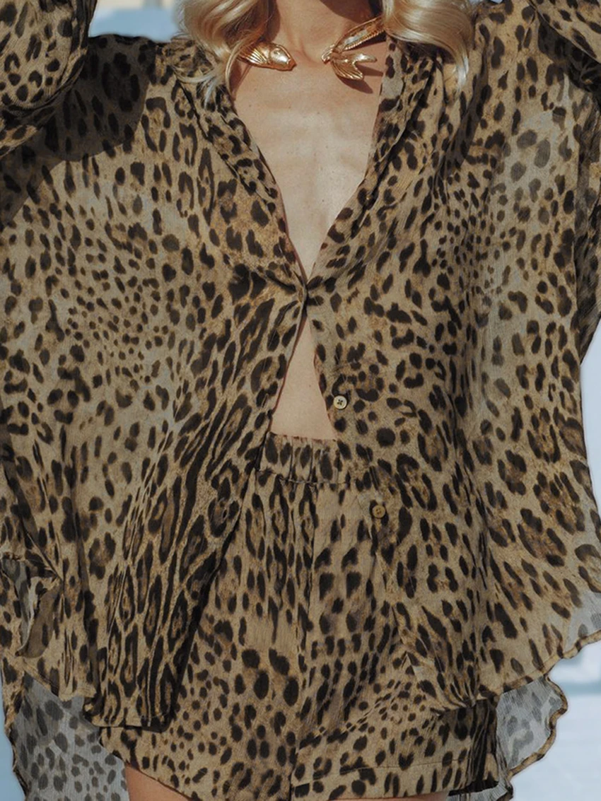 Marthaqiqi 2024 New Leopard Print Ladies Pajama Suit Sexy V-Neck Sleepwear Long Sleeve Nightwear Shorts Summer Women Nightie Set